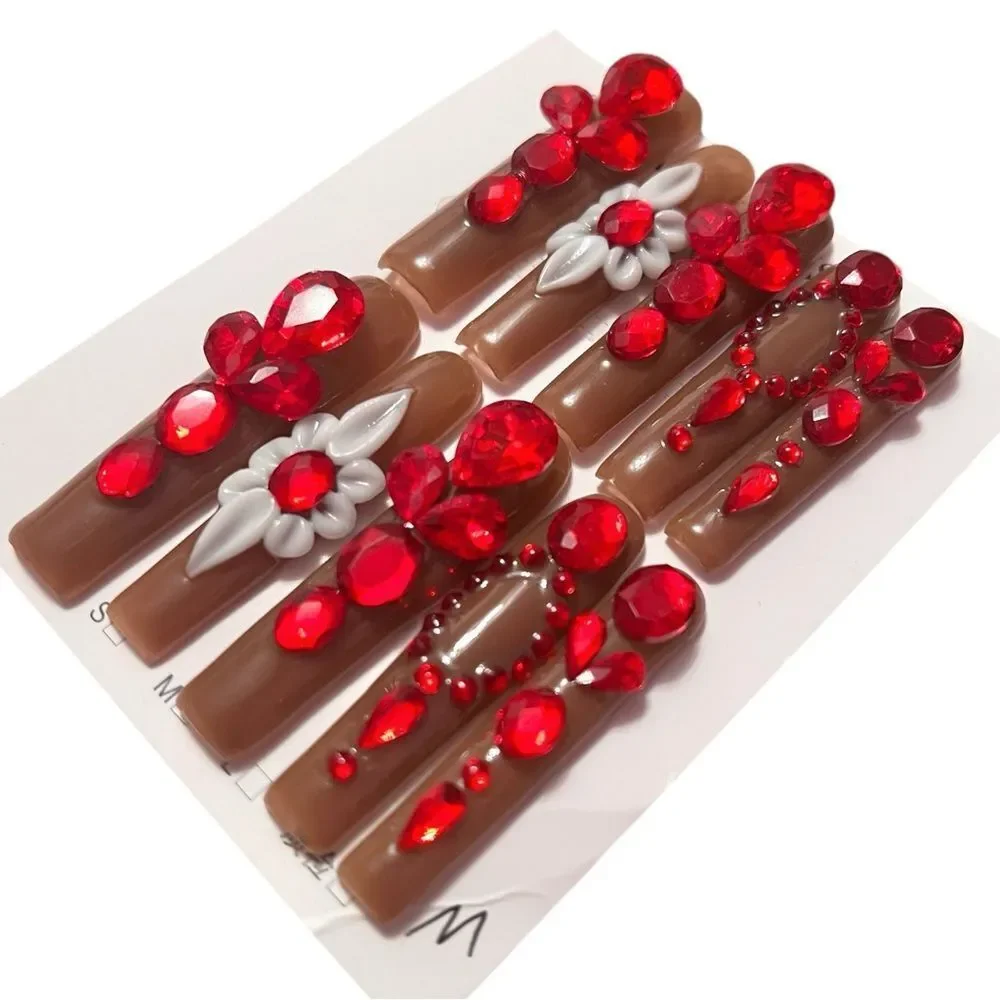 Handmade Dark Nude Red Gemstones Extra Long Press-On Nails Size M